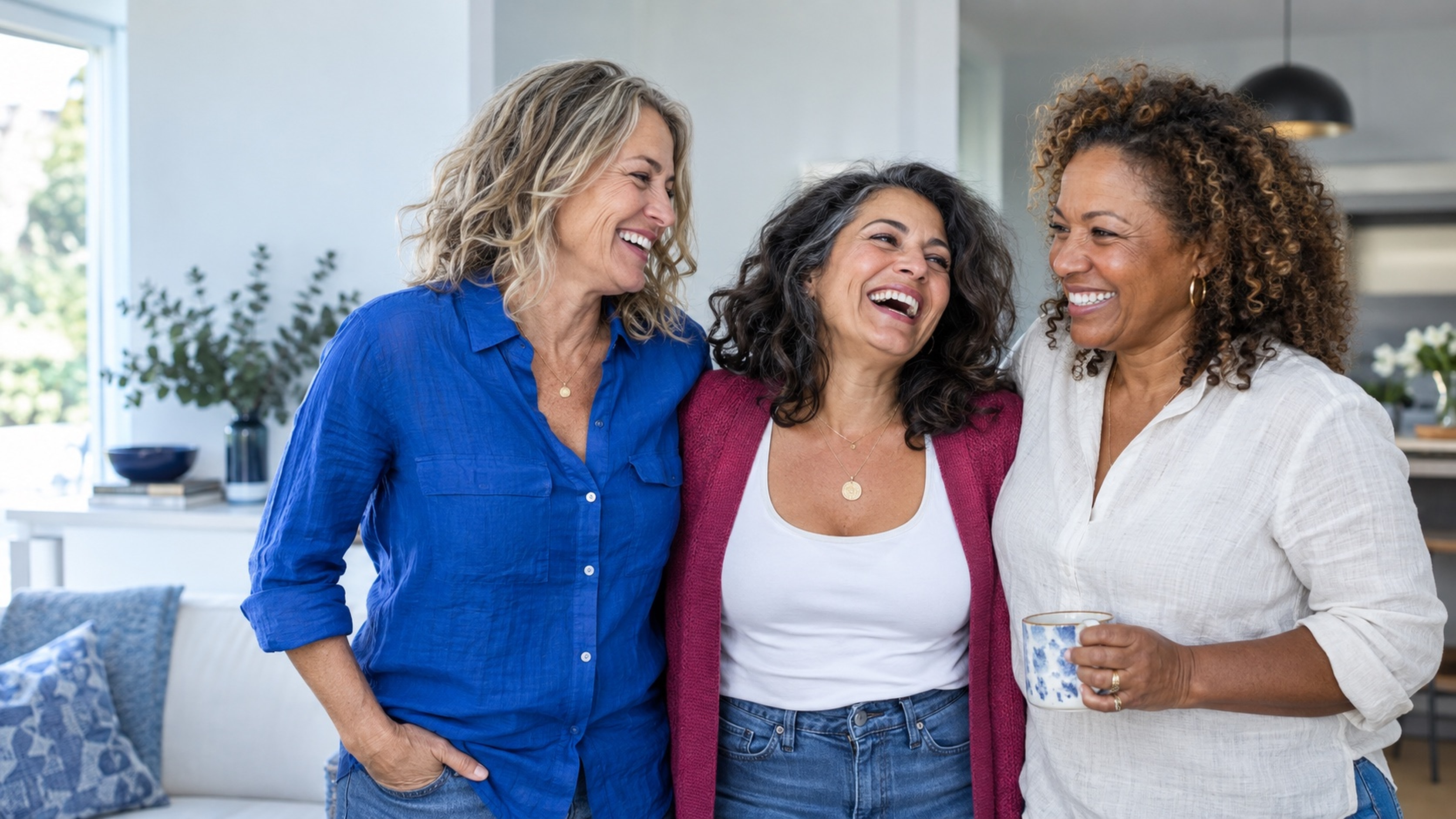 Three women in midlife laughing together